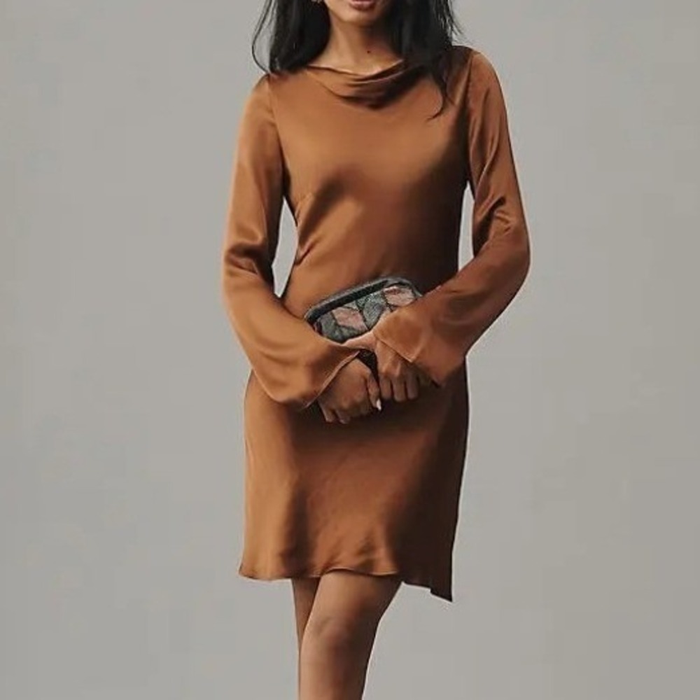 By Anthropologie Brown Long Sleeve Cowl Neck Mini Dress Satin Open Back‎  Medium